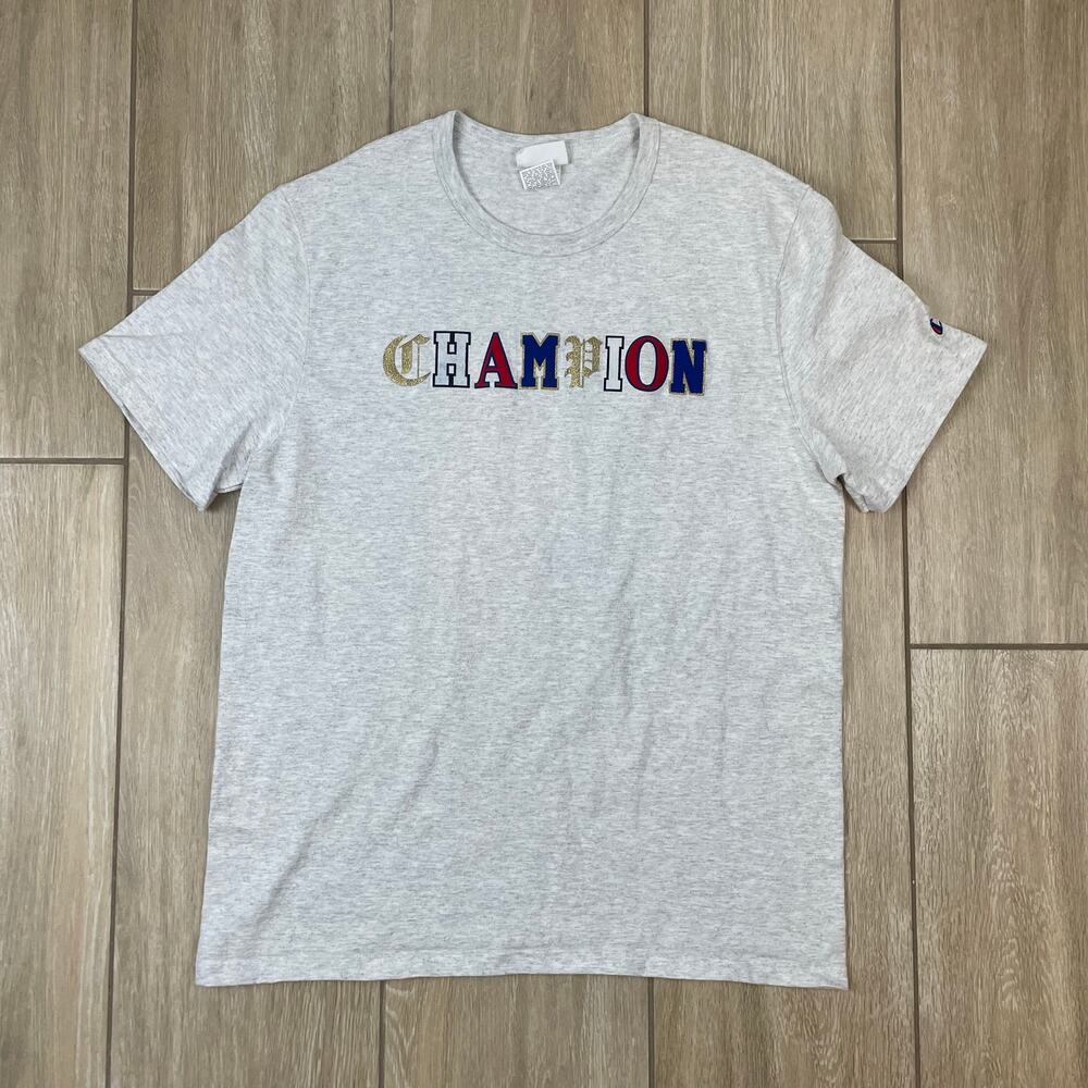 Champion Heritage Old English Mixed Lettering Silver Grey Graphic Tee Men Size L